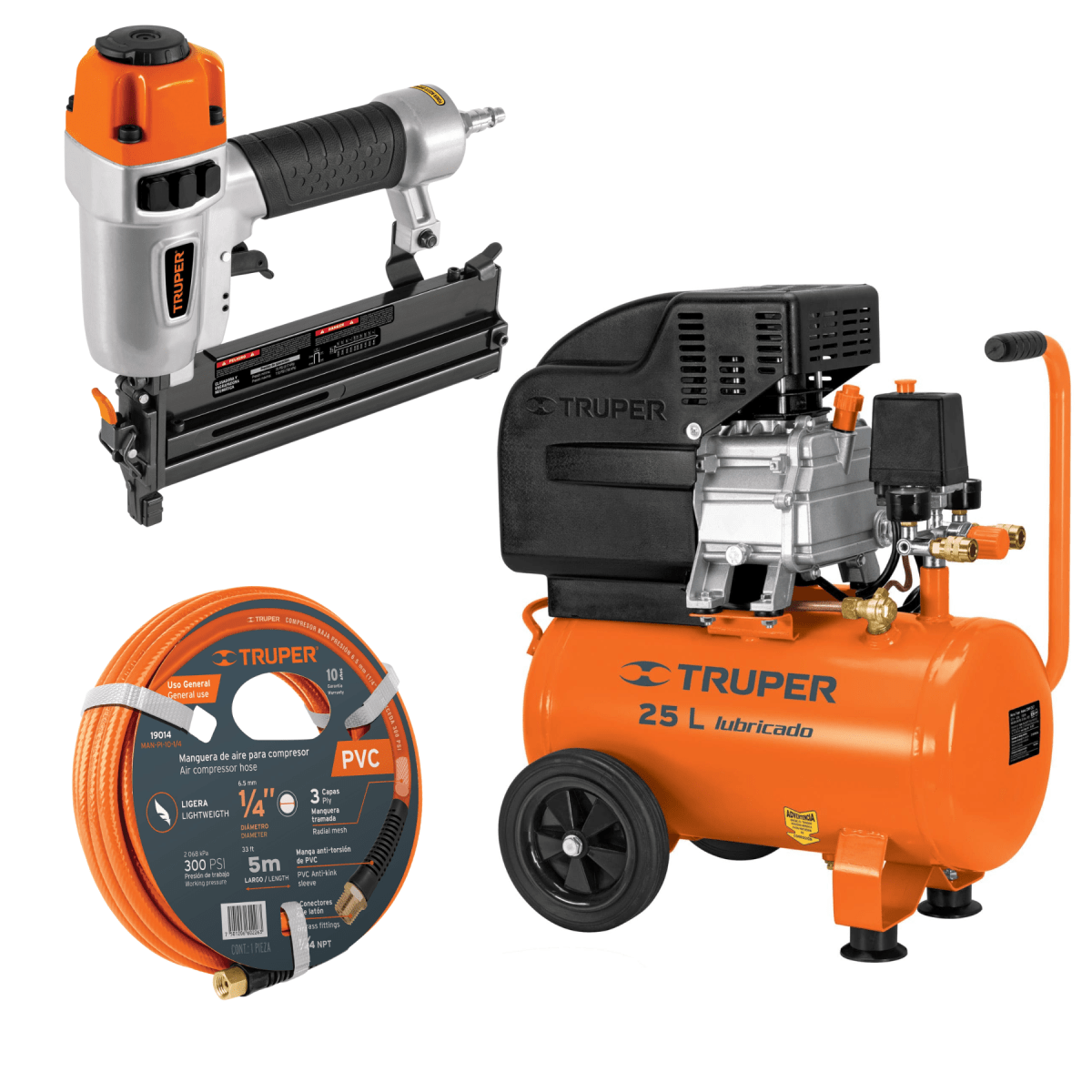 COMPRESORA CLAVADORA Y ENGRAPADORA CALIBRE 18 TRUPER 25 L MANGUERA 5M CON